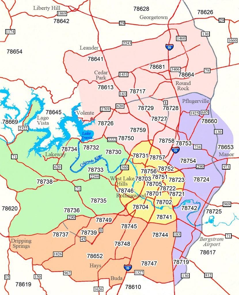 Austin kawasan zip code peta
